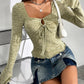 Cutout Drawstring Heathered Long Sleeve T-Shirt