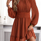 Frill Ruched Mock Neck Balloon Sleeve Dress