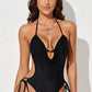 Fringe Trim Tied Halter Neck Backless One-Piece Swimsuit