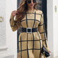 Plaid Round Neck Long Sleeve Sweater Dress