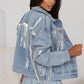 Sequin Fringe Trim Distressed Button Up Denim Jacket