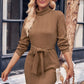 Turtle Neck Long Sleeve Tie Belt Mini Dress