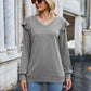 Ruffled Heathered V-Neck Long Sleeve T-Shirt