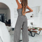 Plaid One-Shoulder Wide Leg Jumpsuit with Pockets