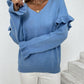 Ruffled V-Neck Dropped Shoulder Sweater