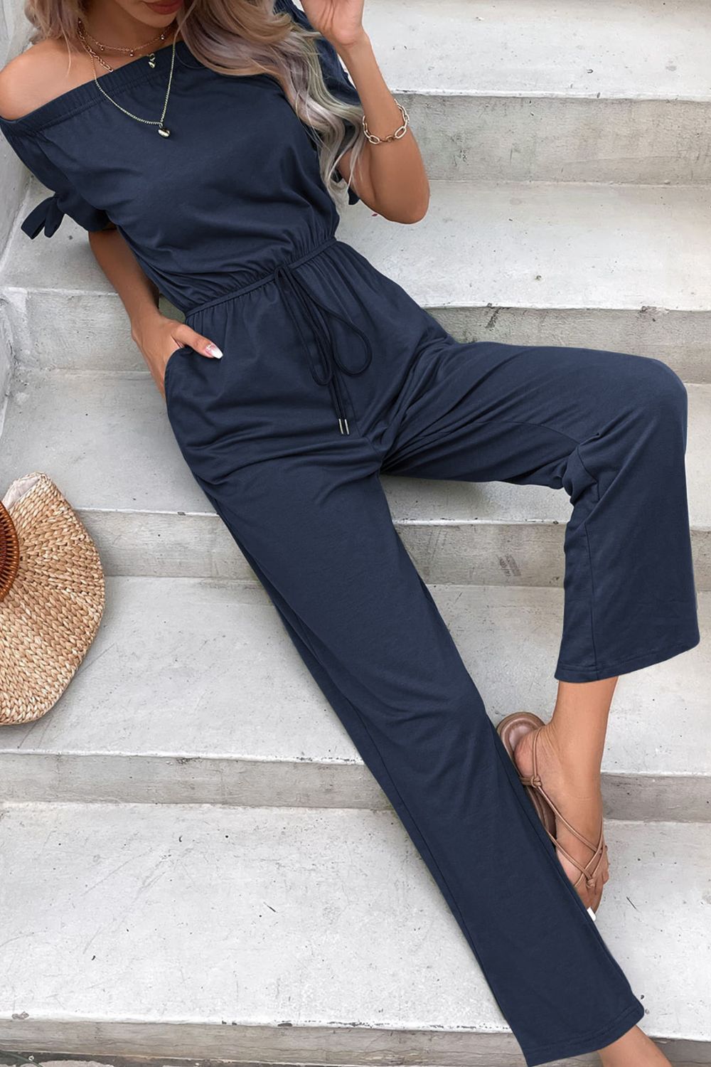 Off-Shoulder Tie Cuff Jumpsuit with Pockets