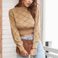 Openwork Plaid Round Neck Cropped Sweater