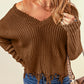 Fringe V-Neck Dropped Shoulder Sweater