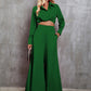 Collared Neck Long Sleeve Top and Wide Leg Pants Set