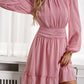 Frill Ruched Mock Neck Balloon Sleeve Dress