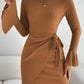 Waffle Knit Flounce Sleeve Tie Waist Mini Dress