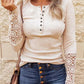 Lace Detail Half Button Long Sleve Knit Top