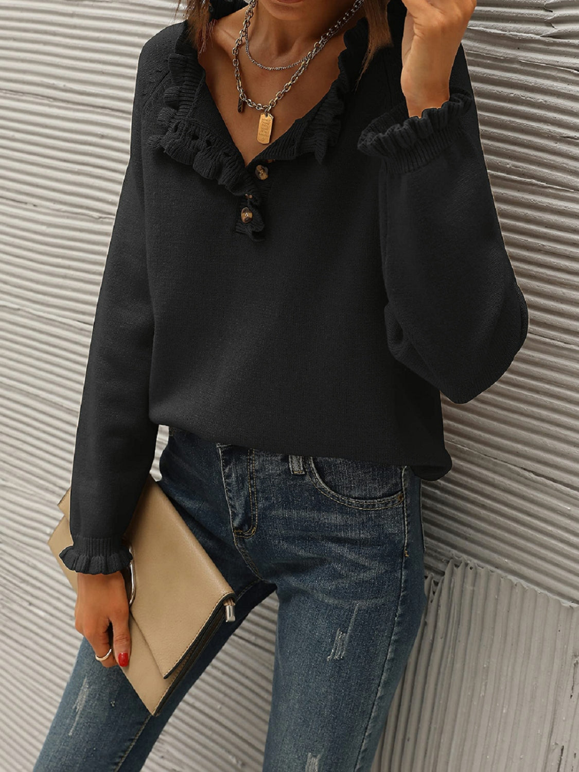 Ruffled Quarter-Button Sweater