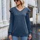 Ruffled Heathered V-Neck Long Sleeve T-Shirt