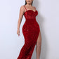 Sequin Spliced Mesh Adjustable Strap Dress