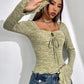 Cutout Drawstring Heathered Long Sleeve T-Shirt