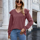 Ruffled Heathered V-Neck Long Sleeve T-Shirt