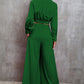 Collared Neck Long Sleeve Top and Wide Leg Pants Set