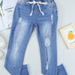 Drawstring Distressed Raw Hem Jeans with Pockets