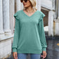 Ruffled Heathered V-Neck Long Sleeve T-Shirt