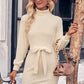 Turtle Neck Long Sleeve Tie Belt Mini Dress