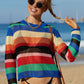 Rainbow Stripe Openwork Long Sleeve Cover-Up