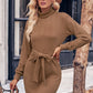 Turtle Neck Long Sleeve Tie Belt Mini Dress