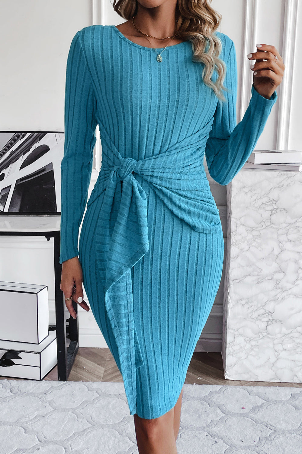 Ribbed Tied Long Sleeve Wrap Dress