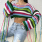 Fringe Striped Round Neck Knit Top