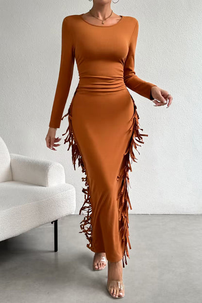 Fringe Slit Round Neck Wrap Dress