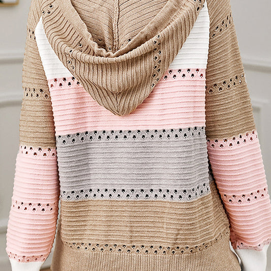 Color Block  Drawstring Hooded Sweater