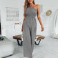 Plaid One-Shoulder Wide Leg Jumpsuit with Pockets