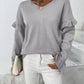 Ruffled V-Neck Dropped Shoulder Sweater