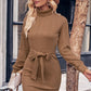 Turtle Neck Long Sleeve Tie Belt Mini Dress