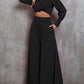 Collared Neck Long Sleeve Top and Wide Leg Pants Set