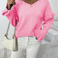 Ruffled V-Neck Dropped Shoulder Sweater