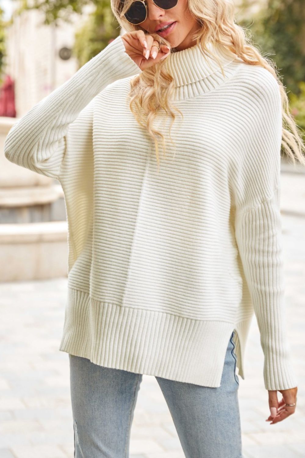 Ribbed Turtleneck Long Sleeve Slit Sweater