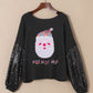 Waffle-Knit Santa Graphic Sequin Long Sleeve Blouse