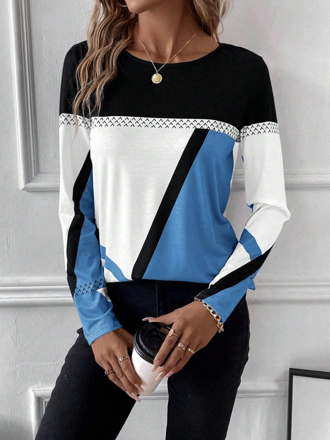 Contrast Round Neck Long Sleeve T-Shirt