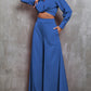 Collared Neck Long Sleeve Top and Wide Leg Pants Set