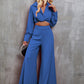 Collared Neck Long Sleeve Top and Wide Leg Pants Set