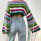 Fringe Striped Round Neck Knit Top