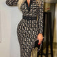 Printed Notched Long Sleeve Wrap Dress