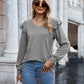 Ruffled Heathered V-Neck Long Sleeve T-Shirt