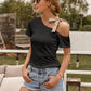 Tied Asymmetrical Neck Cold Shoulder T-Shirt