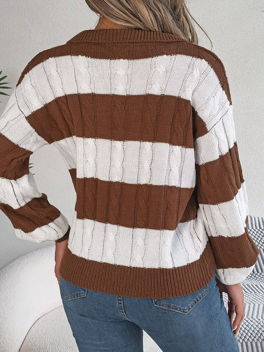 Cable-Knit Striped Long Sleeve Sweater