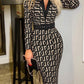 Printed Notched Long Sleeve Wrap Dress