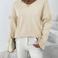 Ruffled V-Neck Dropped Shoulder Sweater