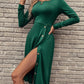 Slit Buttoned Round Neck Long Sleeve Dress