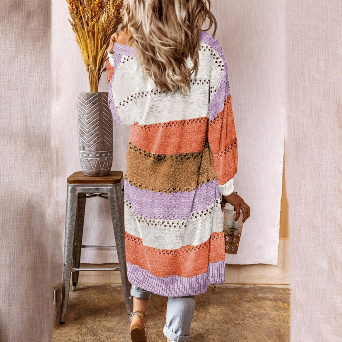 Color Block Open Front Openwork Cardigan